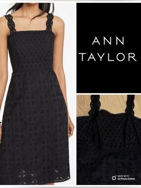 Ann Taylor Black Eyelet Scallop-Strap Midi Dress